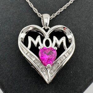 Bright and Beautiful "Mom" Heart Shaped Lab Created Pink Sapphire Necklace